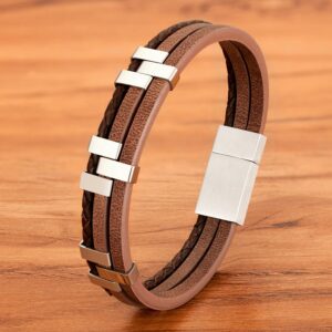 Multi-Layer Stainless Steel & Leather Bracelet (Brown)