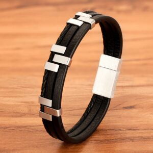 Multi-Layer Stainless Steel & Leather Bracelet (Black)